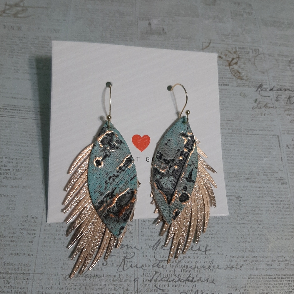 Leather Feather Drop Statement Earrings - image 4